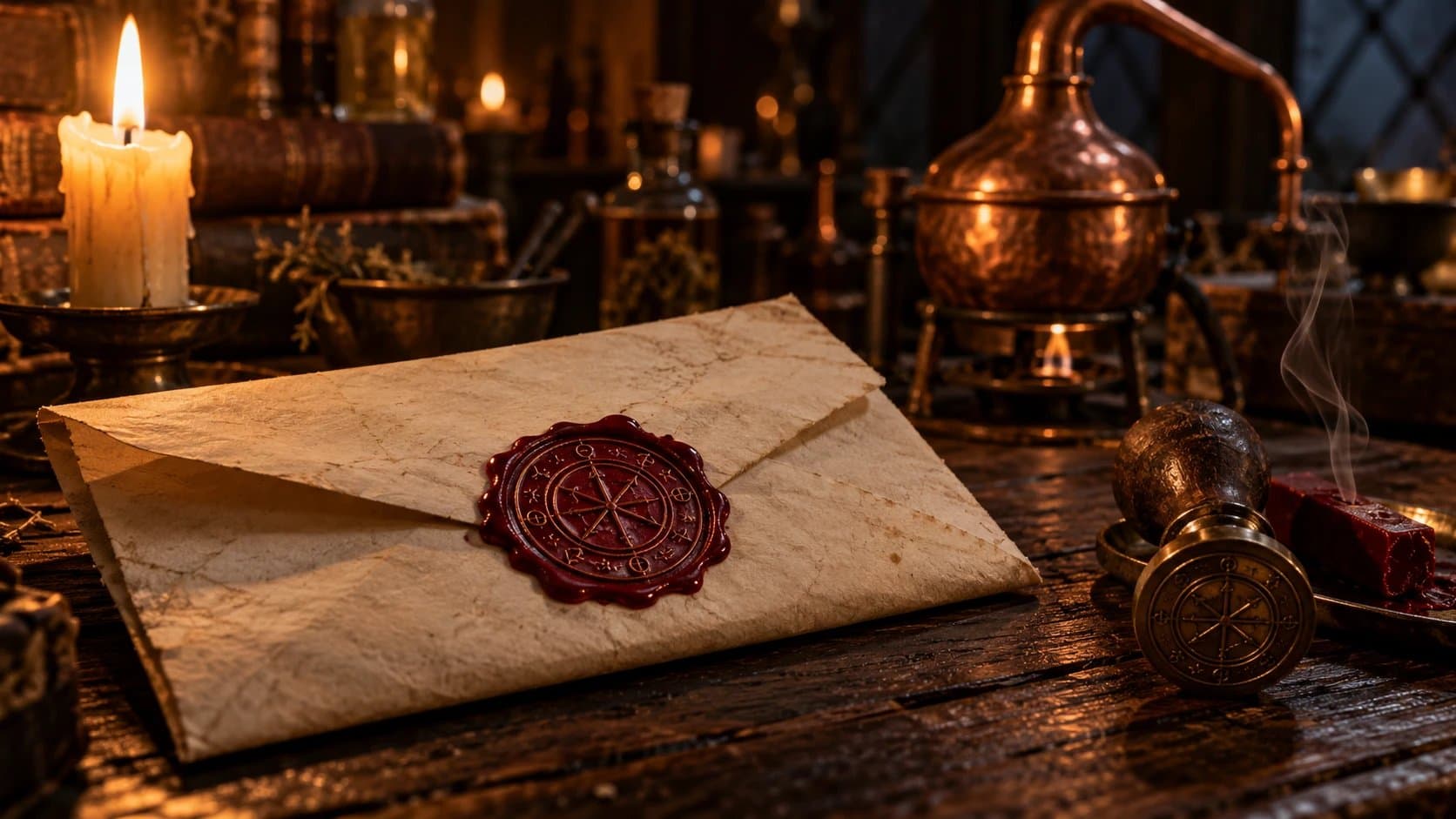 A parchment envelope closed with a red wax seal pressed with an alchemical sigil, a brass seal stamp and smoking wax beside it, copper still behind