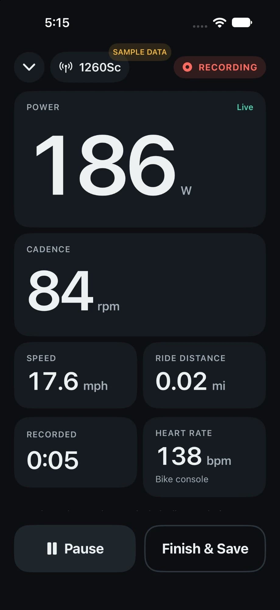 MotionBridge on iPhone in dark mode, recording a ride with 186 watts, 84 rpm cadence, 17.6 mph, 0.02 miles, five seconds recorded and heart rate 138